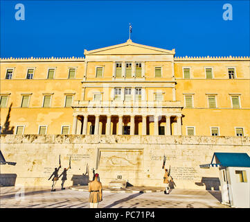 Evzones, members of the presidential guard, during the change of the guard in front of the Tomb of the Unknown Soldier. Syntagma Square. Athens. Stock Photo