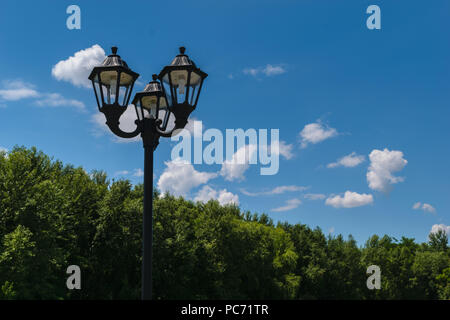 exterior street post light fixture with energy saving CCFL bulbs. Green trees in the background. Stock Photo