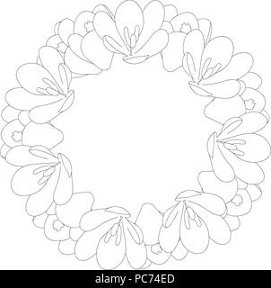 White Crocus Flower Wreath Outline. Vector Illustration. Stock Vector