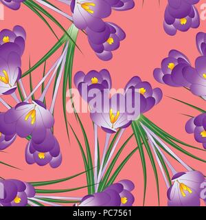 Purple Crocus Flower on Orange Red Background. Vector Illustration. Stock Vector
