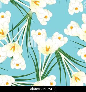 White Crocus Flower on Light Blue Background. Vector Illustration. Stock Vector