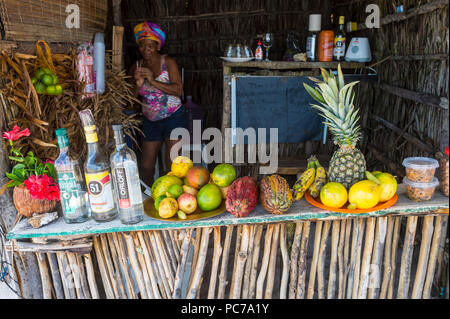 CAIRU, BRAZIL - CIRCA FEBRUARY, 2018: Rustic Brazilian beach shack sells alcoholic drinks made with tropical fruits. Stock Photo