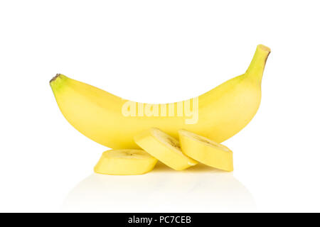 Group of one whole three slices of fresh yellow banana isolated on white background Stock Photo