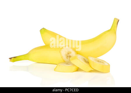 Group of one whole one half three slices of fresh yellow banana isolated on white background Stock Photo