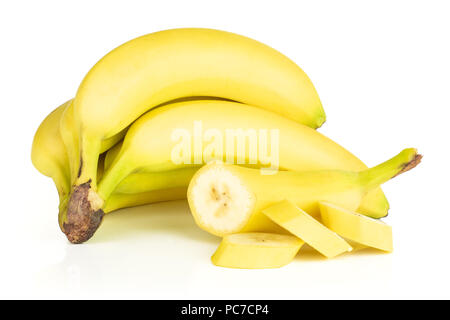 Group of lot of whole one half three slices of fresh yellow banana isolated on white background Stock Photo