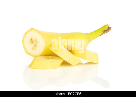 Group of one half three slices of fresh yellow banana isolated on white background Stock Photo