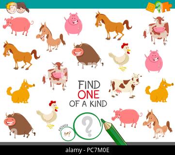 Cartoon Illustration of Find One of a Kind Educational Game for Kids with Farm Animal Characters Stock Vector