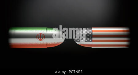 USA and Iran conflict concept. Iranian and American flags on bullets, black background. 3d illustration Stock Photo