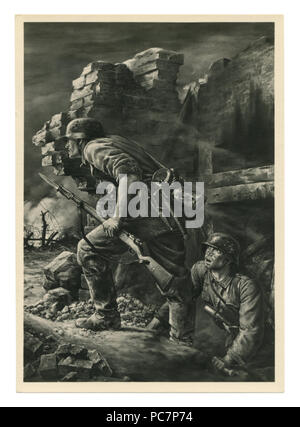 Historical postcard: 'Grenadiers'. German soldiers in full gear in the ruins of the city. Artist Will Tschech, 1942, Germany, Third Reich Stock Photo