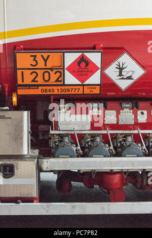 the hazardous chemical signage on a delivery tanker or lorry with fuel cut off valves and taps. Stock Photo
