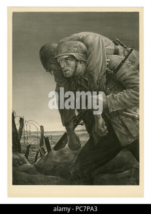 Historical postcard: 'Kameraden'. German soldier on the front line carries a wounded comrade. Artist Will Tschech, 1943, Germany, Third Reich Stock Photo