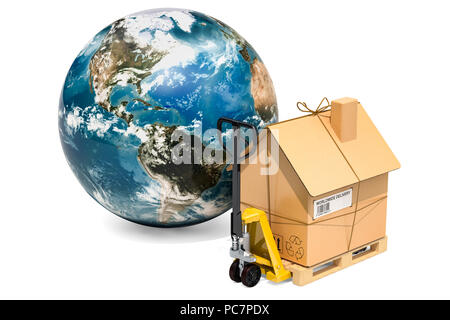 Worldwide household moving services concept. Hydraulic hand pallet truck with cardboard house parcel and Globe Earth, 3D rendering3D renderin Stock Photo