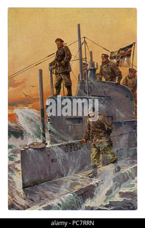 German historical postcard: submarine on the surface sailing through the waves. The crew on watch. Artist Postcard Stöwer Willy. world war one 1914-18 Stock Photo