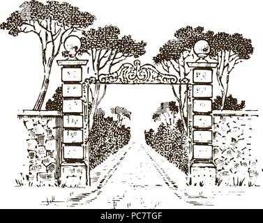 Vintage gates. Victorian doors or an ancient arch. Entrance to the garden or the park in the background of trees. Engraved hand drawn old sketch. Vector illustration Stock Vector
