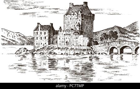 Vintage Castle in Scotland. Graphic monochrome landscape. Engraved hand drawn old sketch. Fortress or tower. Stone citadel. Bridge over the river in the background of the building. Stock Vector