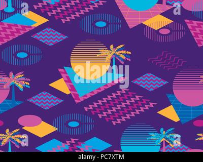 Memphis seamless pattern with palm tree. Geometric elements memphis in the style of 80s. Synthwave futuristic background. Retrowave. Vector illustrati Stock Vector