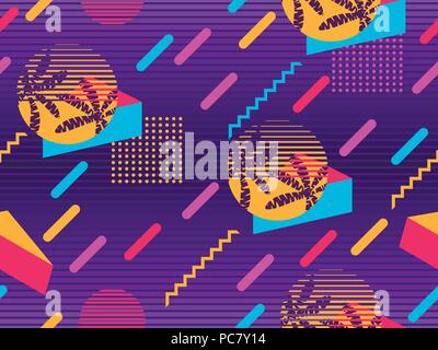 Memphis seamless pattern with palm tree. Geometric elements memphis in the style of 80s. Synthwave futuristic background. Retrowave. Vector illustrati Stock Vector