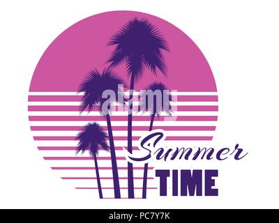 Summer time retro futuristic landscape with palm trees. Neon sunset in the style of 80s. Synthwave retro background. Retrowave logo. Vector illustrati Stock Vector