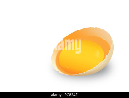 Broken egg shell isolated on white with the yolk still inside. Copyspace on the left. Stock Photo