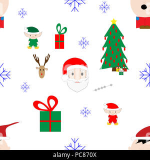 Illustrated seamless Christmas pattern on white with icons Santa Claus, Reindeer, Elf, presents, tree, caroler and snow flakes. Stock Photo
