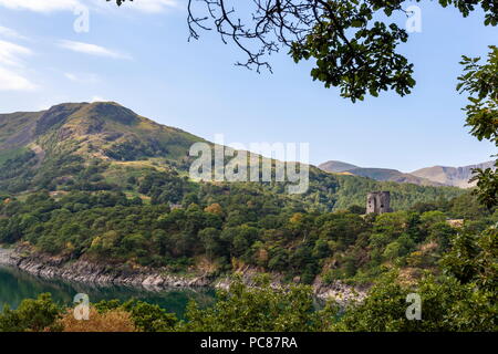 A view through the trees and over Llyn Peris towards Dolbadarn Castle Stock Photo