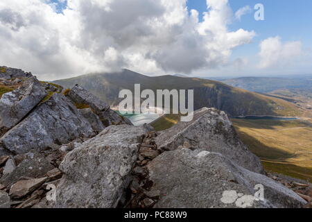 Looking down from the summit of carnedd Y Filiast onto Llyn Marchlyn Mawr the upper reservoir of the Dinorwig Hydro Electric pump storage station with Stock Photo
