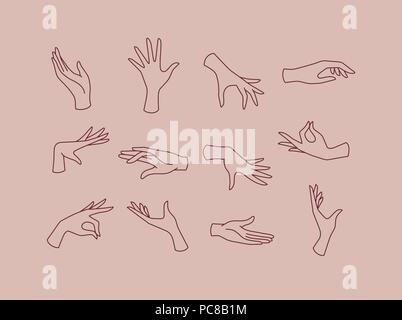 Hands icons drawing in flat style on pink brown background Stock Vector