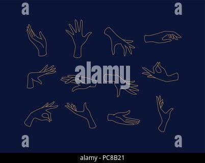Hands icons drawing in flat style with brown lines on blue background Stock Vector
