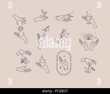 Hand symbols silhouettes drawing in flat style with black lines on beige background Stock Vector