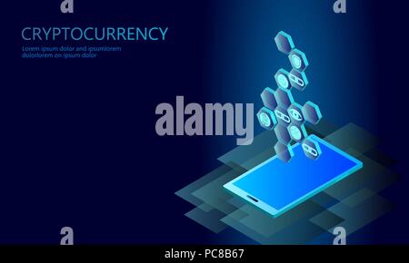 Isometric internet cryptocurrency coin business concept. Blue glowing isometric Bitcoin Ethereum Ripple coin finance mining pc smartphone future technology. 3D infographic vector illustration Stock Vector