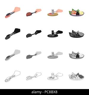 Tongs with steak, food, fish steak with vegetables and lemon, barbecue on the scoop, chop on the cutting board. Food and Cooking set collection icons  Stock Vector