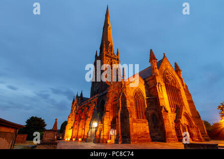 Late evening, floodlit picture of St Elphin's Parish Church, Church Street, Warrington, Cheshire, England, UK Stock Photo
