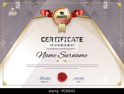 Official retro certificate with red gold design elements. Gold emblem with red ribbon. Vintage modern blank Stock Vector