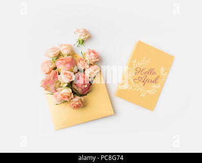 beautiful pink roses in envelope and HELLO APRIL card isolated on white Stock Photo