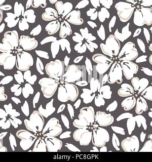 Bold graphic outlined floral vector seamless pattern. Simplistic white hand drawn flowers on brown background. Monochrome blooms and foliage print. Stock Vector