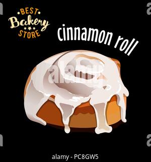 Glazed cinnamon roll isolated on black background vector illustration Stock Vector