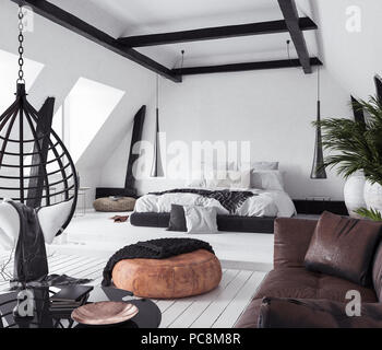 Modern open-plan apartment in attic, loft style, 3d render Stock Photo