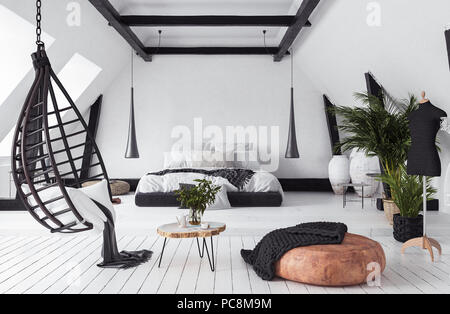 Modern open-plan apartment in attic, loft style, 3d render Stock Photo