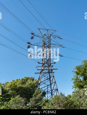 Electrical pylon, grid, power lines in Wichita, Kansas, USA. Stock Photo