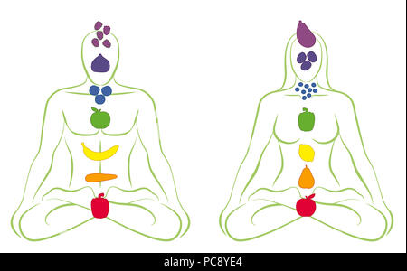 Vegetarian love couple. Meditating man and woman with fruits and vegetables instead of body chakras - illustration over white background. Stock Photo