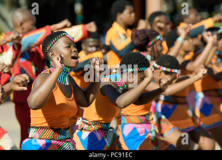 Zulu men performing a traditional dance in an open air museum, South ...