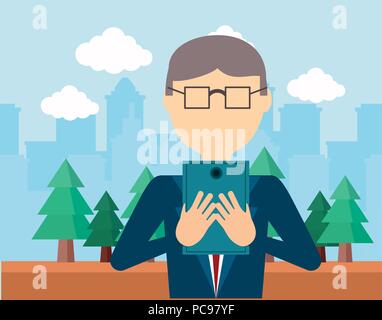businessman using a cellphone over landscape. colorful design. vector illustration Stock Vector