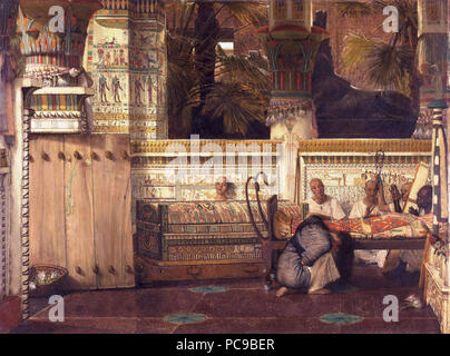 Egyptian temple with a kneeling grieving widow. Priests sing and play harp near the body of the deceased.  *oil on panel  *74.9 x 99.1 cm  *signed: L. Alma Tadema 1872 58 Lourens Alma Tadema - De Egyptische weduwe. Stock Photo