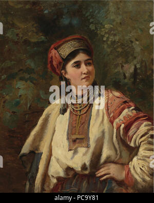 Konstantin Egorovich Makovsky 1839-1915 RUSSIAN GIRL IN A NATIONAL COSTUME signed C. Makowsky and dated 1879. (lower left)  oil on canvas 34 7/8 by 27 7/8 in. 88.6 by 70.8 cm 345 Konstantin Makovsky – Woman In A National Costume Stock Photo