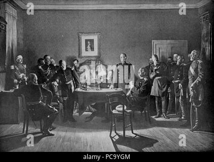 A depiction of the talks hours after the French Army of Chalons had surrendered at Sedan with members of the French delegation pictured on the left, Supreme Commander Emmanuel Félix de Wimpffen (just standing up), General Auguste-Alexandre Ducrot, and other officers together with the delegation from the Prussian Coalition, Supreme Commander Helmuth von Moltke the Elder (standing at the table), Otto von Bismarck (sitting to Moltke’s left), General Field Marshall Leonhard Graf von Blumenthal, General Field Marshall Alexander August Wilhelm von Pape, commanders of the 3rd-and the Maas-Army, and o Stock Photo