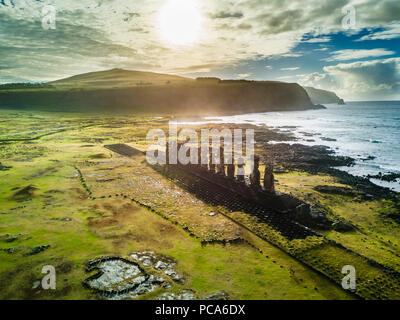 An aerial view over Ahu Tongariki, the most amazing Ahu platform on Easter Island. 15 moais still stand up at the south east of the Island. Ahu Tongar Stock Photo