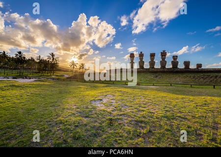 Anakena Beach the most famous beach at Easter Island and maybe the best one in Chile. With it palm trees coming from Polynesia islands and the Ahu Nau Stock Photo