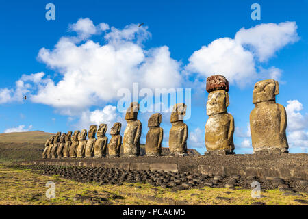 Ahu Tongariki, the most amazing Ahu platform on Easter Island. 15 moais still stand up at the south east of the Island. Ahu Tongariki reveals the Moai Stock Photo