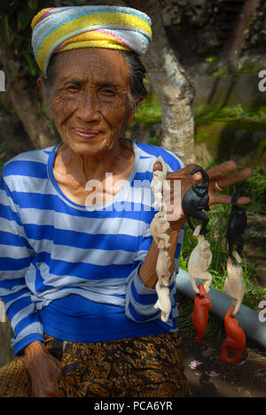 Old lady selling carved monkeys for tourists, Ubud, Bali. Indonesia. Stock Photo