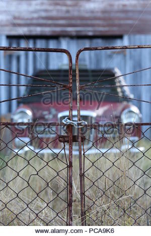 An old rusting car stands unused as grass grows round it near a dilapidated house. Stock Photo